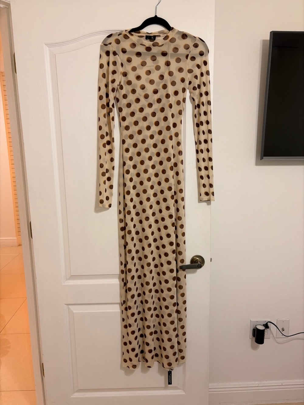 Beige Polka Dot Long-Sleeve Maxi Dress